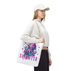 Cheeky Squirter Squid Tote Bag in three sizes with colorful handles and durable spun polyester fabric