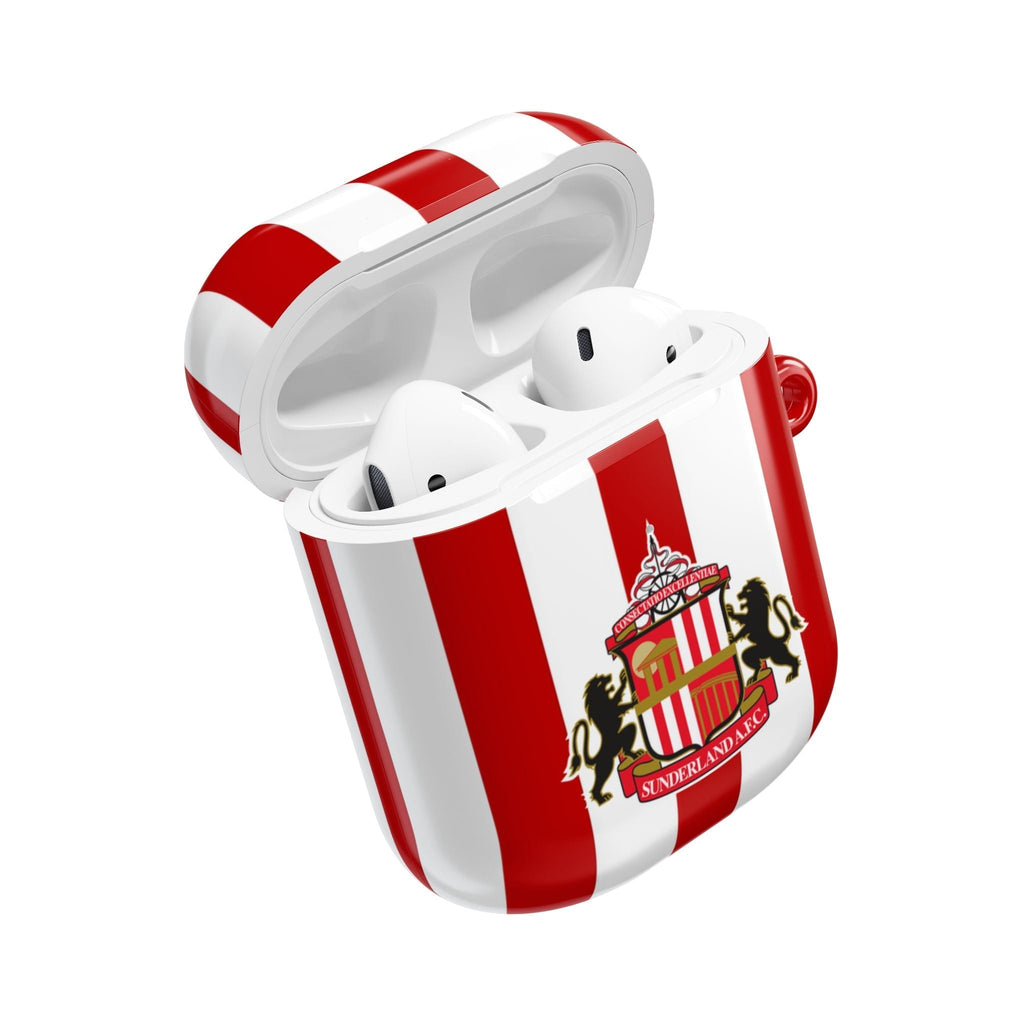 Sunderland FC AirPods protective case with red and white club crest, durable shock-resistant design, and wireless charging compatibility