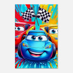Vibrant Cars Wall Canvas with colorful racing cars and checkered flags, perfect for car enthusiasts.