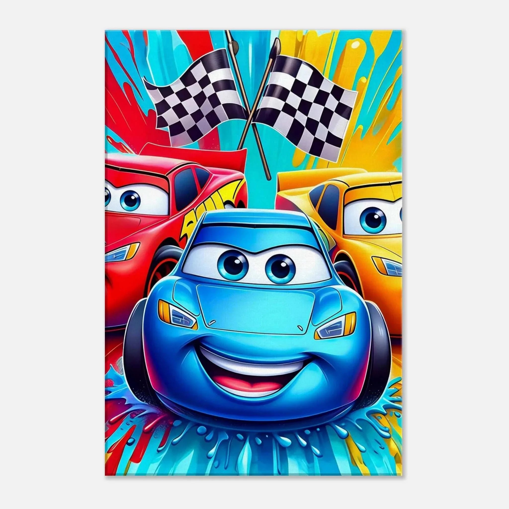 Vibrant Cars Wall Canvas with colorful racing cars and checkered flags, perfect for car enthusiasts.