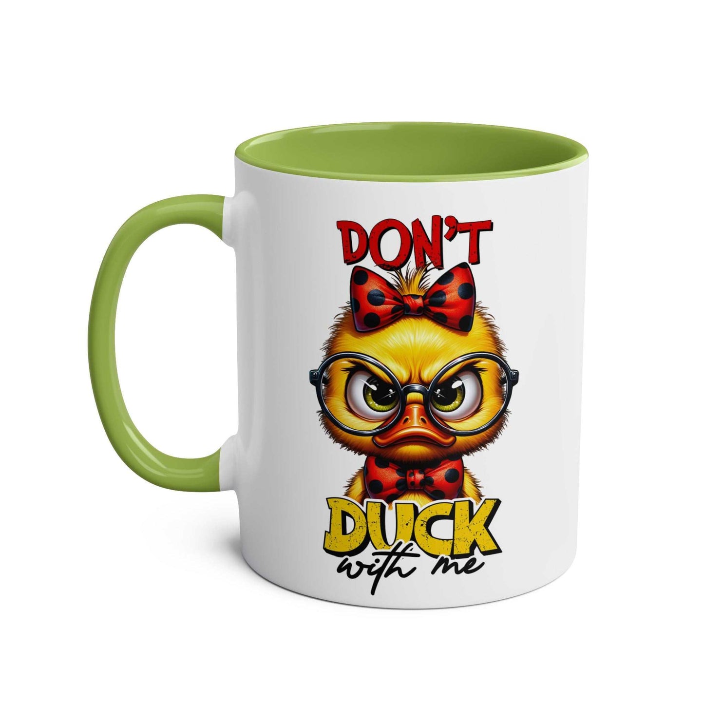 Dont Duck With Me coffee mug featuring a grumpy duck design, green handle, and interior.