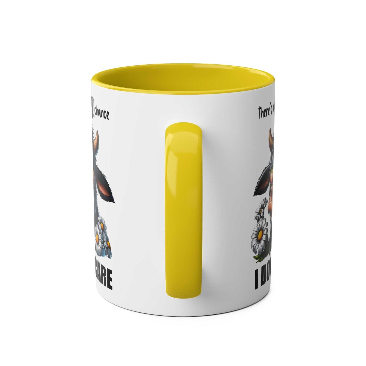 Colorful 'I Don’t Care' coffee mug with sarky cow design, glossy finish, and yellow handle.