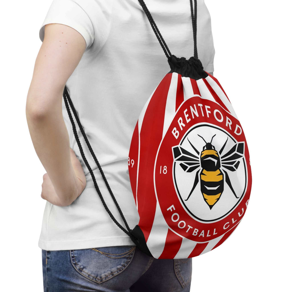 Brentford FC drawstring bag with red and white stripes and bee crest, lightweight and durable for gym, travel, and everyday use