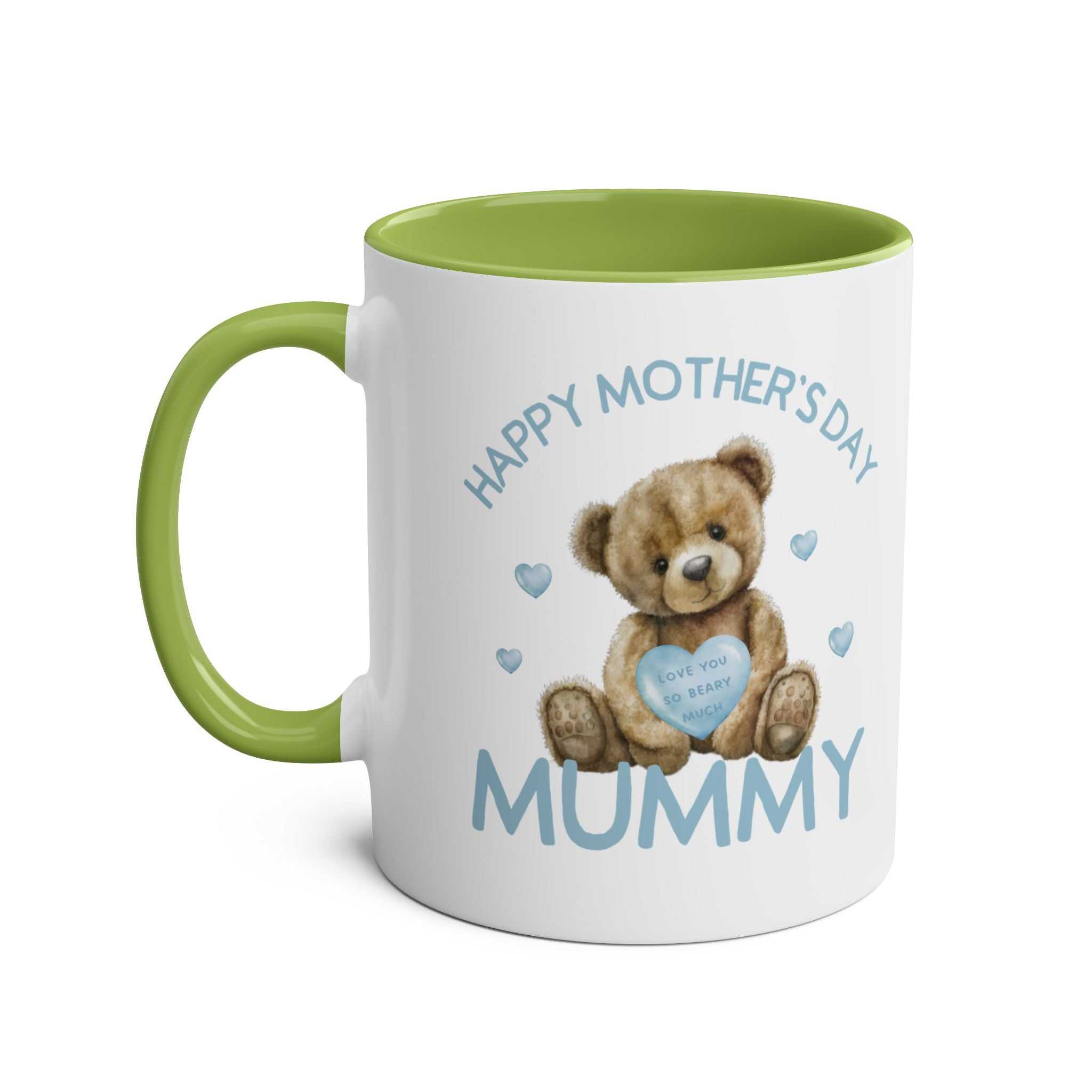 Cute Bear Mother's Day mug with a lovable bear design, green handle, perfect mom gift.