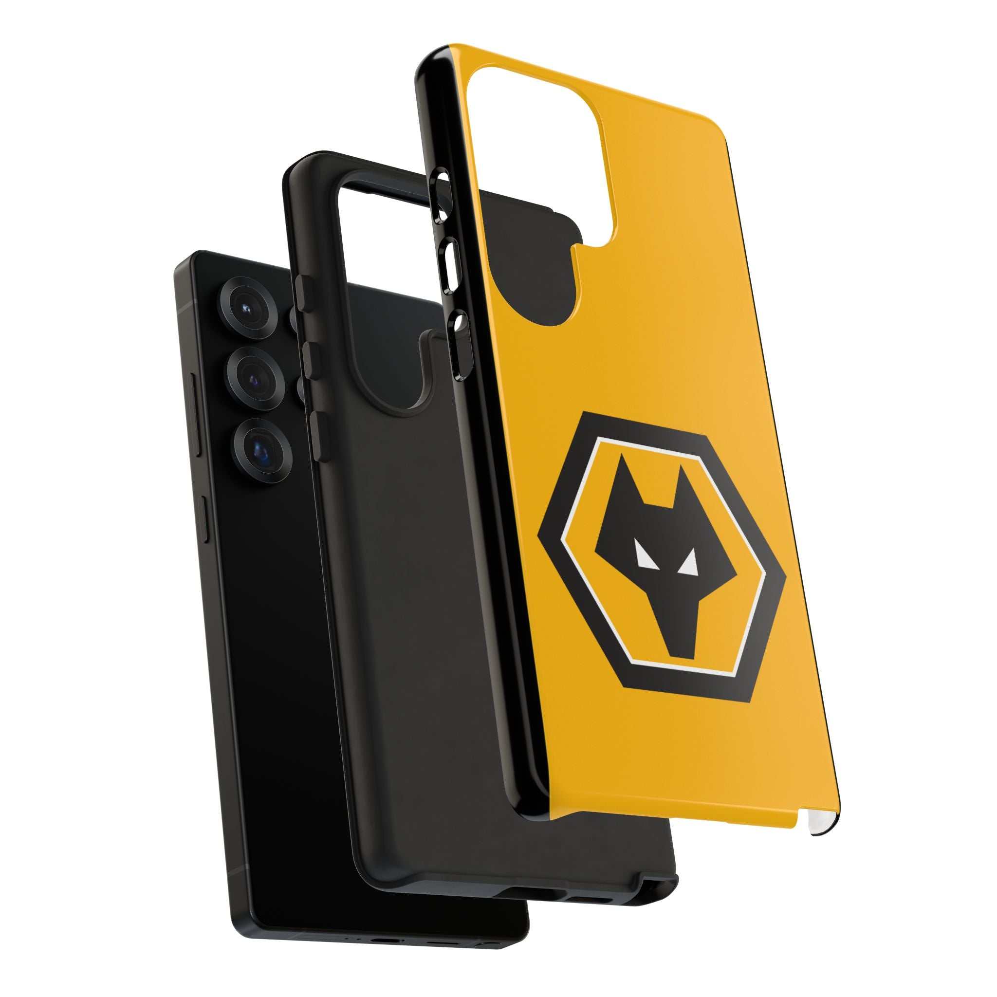 Wolves FC Magnetic Samsung Case with gold and black colors and official-inspired crest, dual-layer protection, and wireless charging compatible