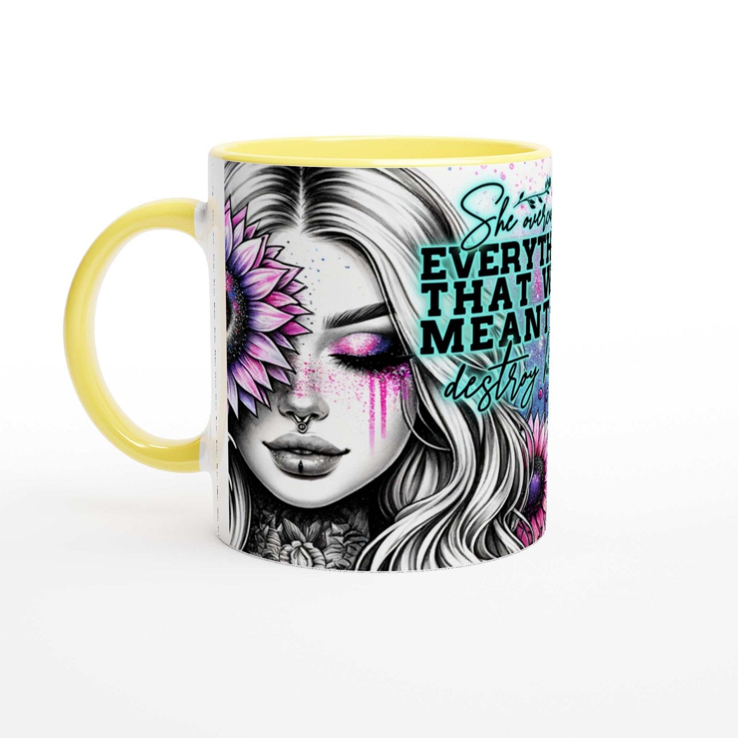 Motivational coffee mug with quote "She Overcame Everything," colorful design, yellow handle.