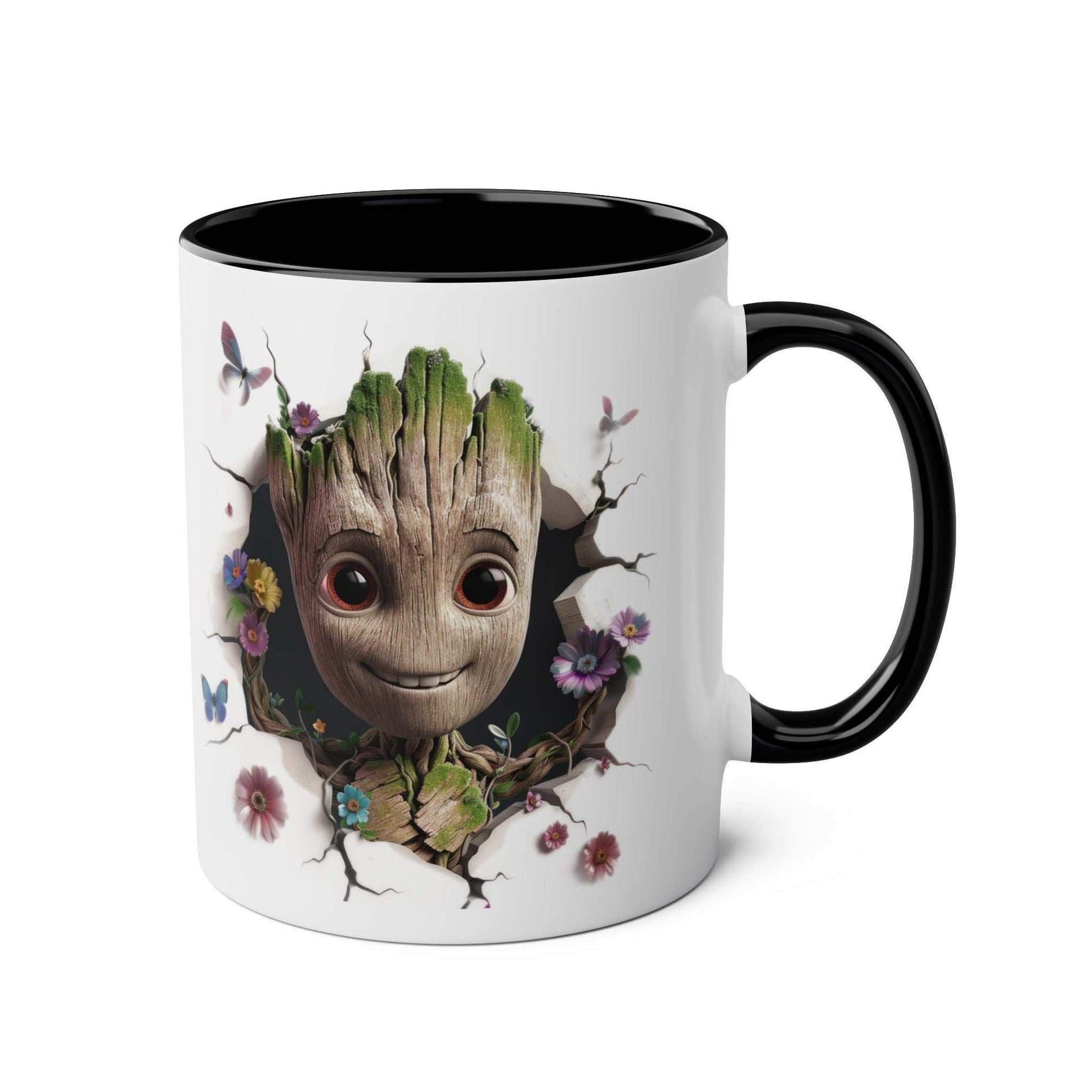 Baby Groot inspired coffee mug with colorful design and glossy finish.