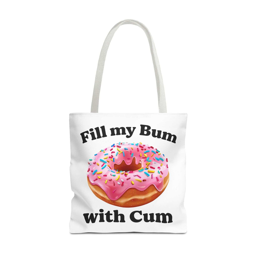 Provocative Donut Tote Bag with cheeky donut design, durable spun polyester, multiple sizes, and colorful handles for playful everyday use