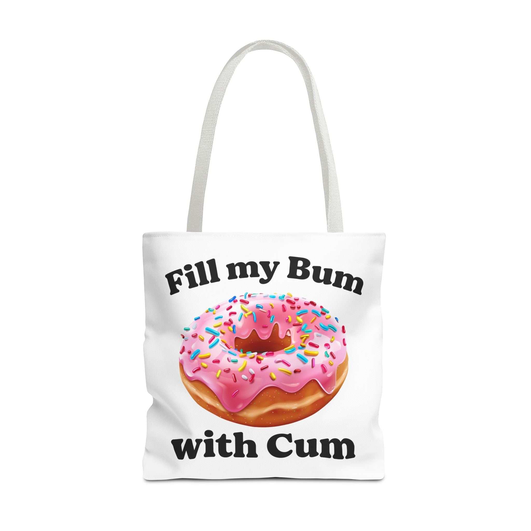 Provocative Donut Tote Bag with cheeky donut design, durable spun polyester, multiple sizes, and colorful handles for playful everyday use
