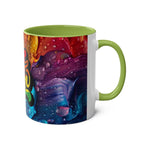 LGBTQ+ Pride mug with vibrant rainbow design, green handle, and glossy finish.
