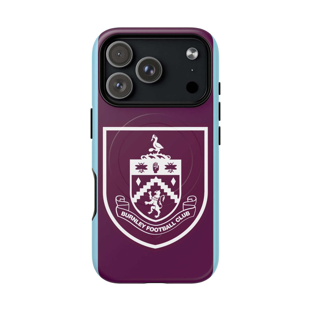 Burnley FC MagSafe iPhone Case with claret and blue colors and club crest, dual-layer protection, and MagSafe compatibility