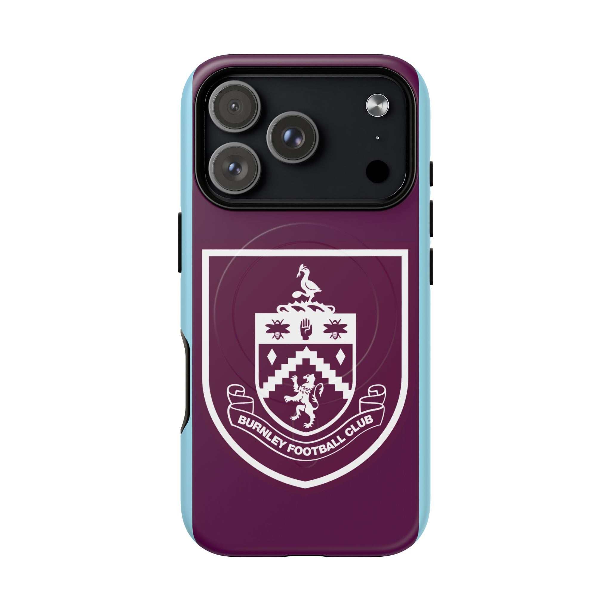 Burnley FC MagSafe iPhone Case with claret and blue colors and club crest, dual-layer protection, and MagSafe compatibility