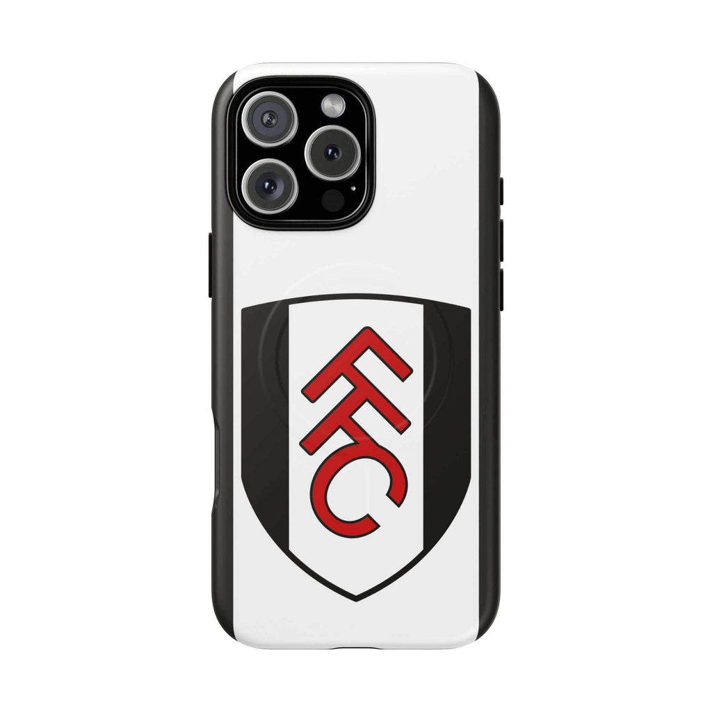 Fulham FC MagSafe iPhone case with black and white colors and official-inspired crest, dual-layer protection, and wireless charging compatibility