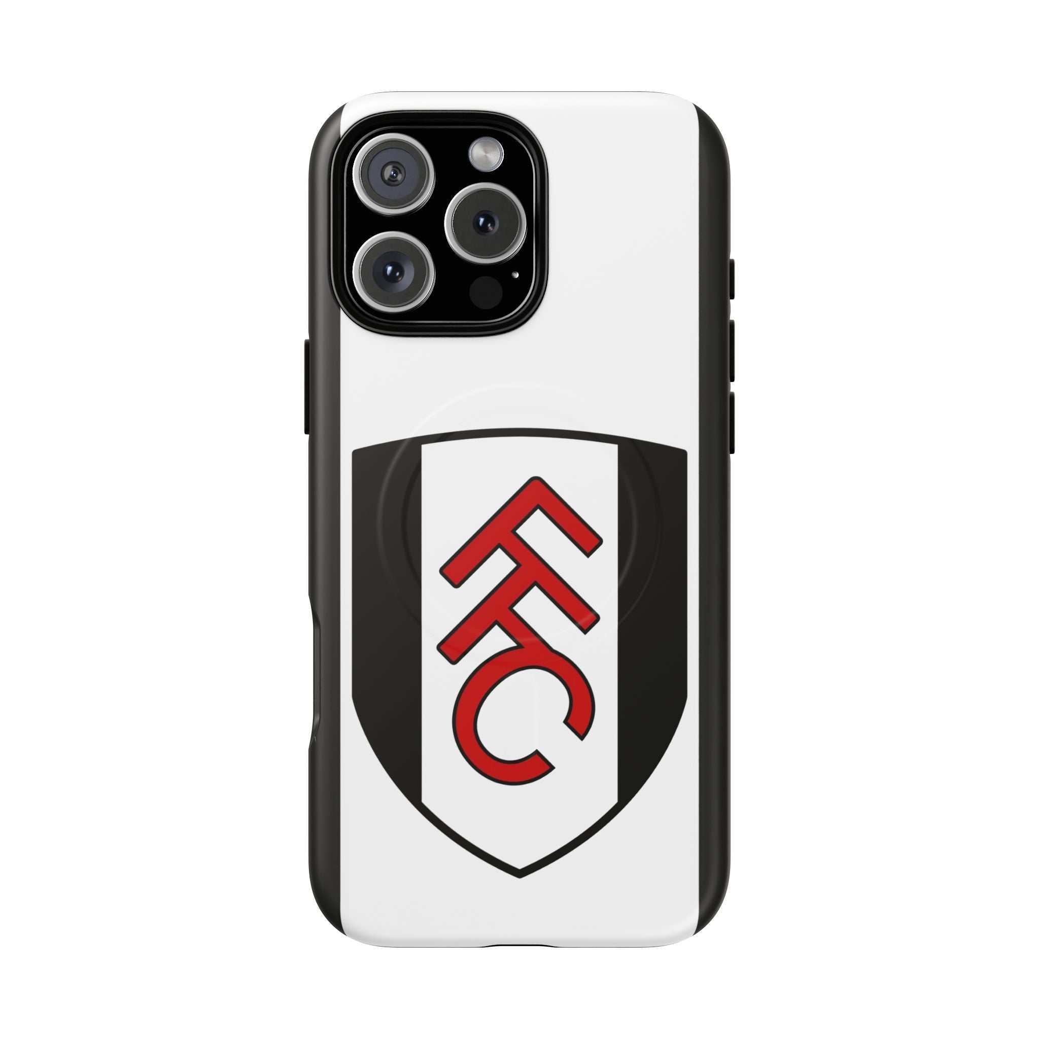 Fulham FC MagSafe iPhone case with black and white colors and official-inspired crest, dual-layer protection, and wireless charging compatibility