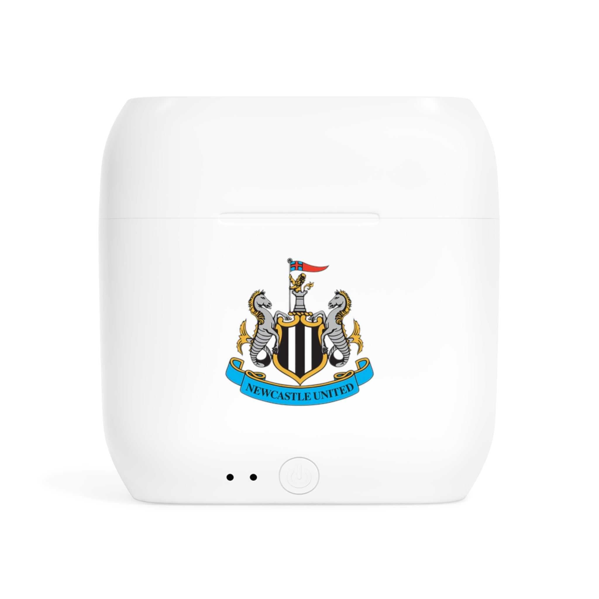 White wireless charging case with Newcastle Utd fan-inspired club crest design