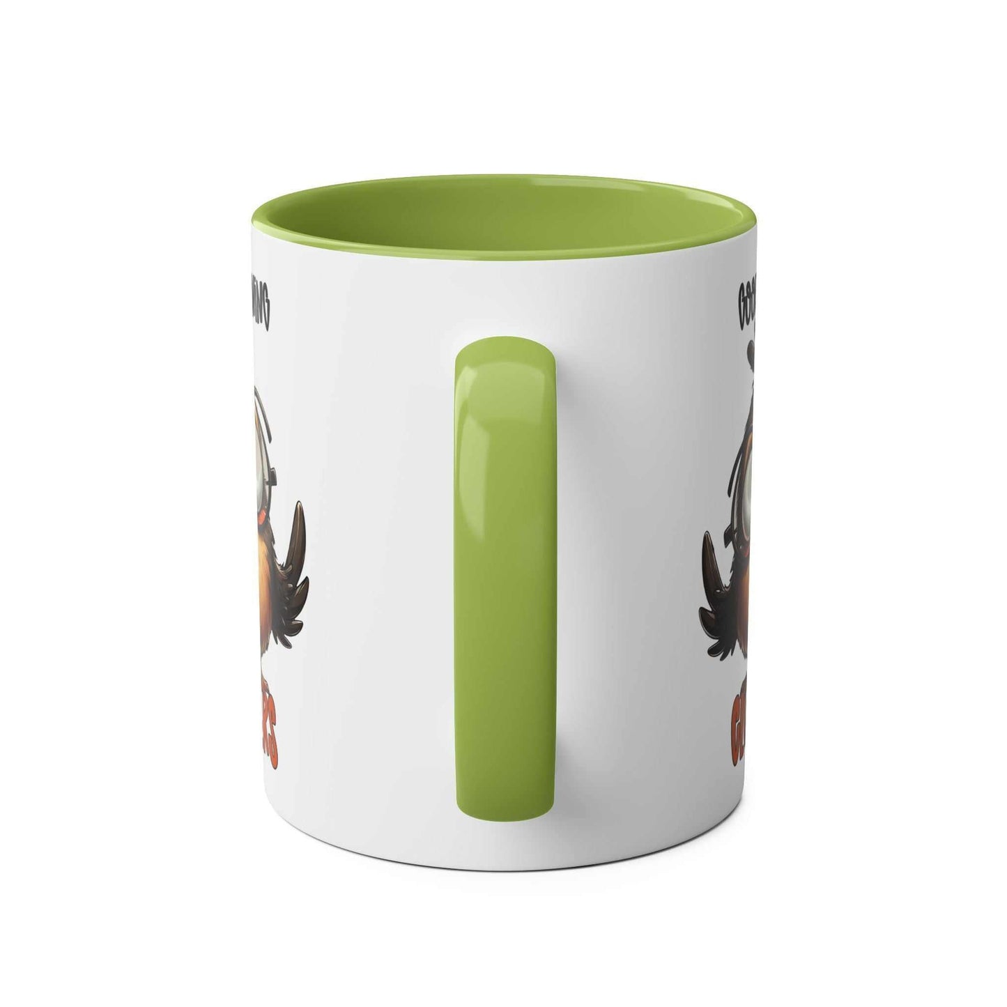 Morning Cluckers Coffee Mug with green handle and interior, featuring a humorous chicken design, perfect for a fun start to your day.