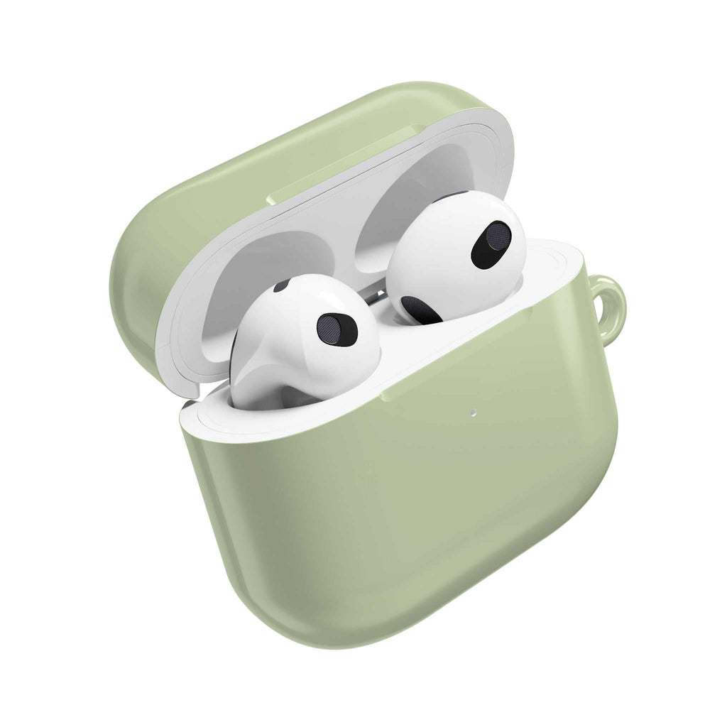 Sage green hard shell AirPods Protective Case with glossy finish and wireless charging compatibility