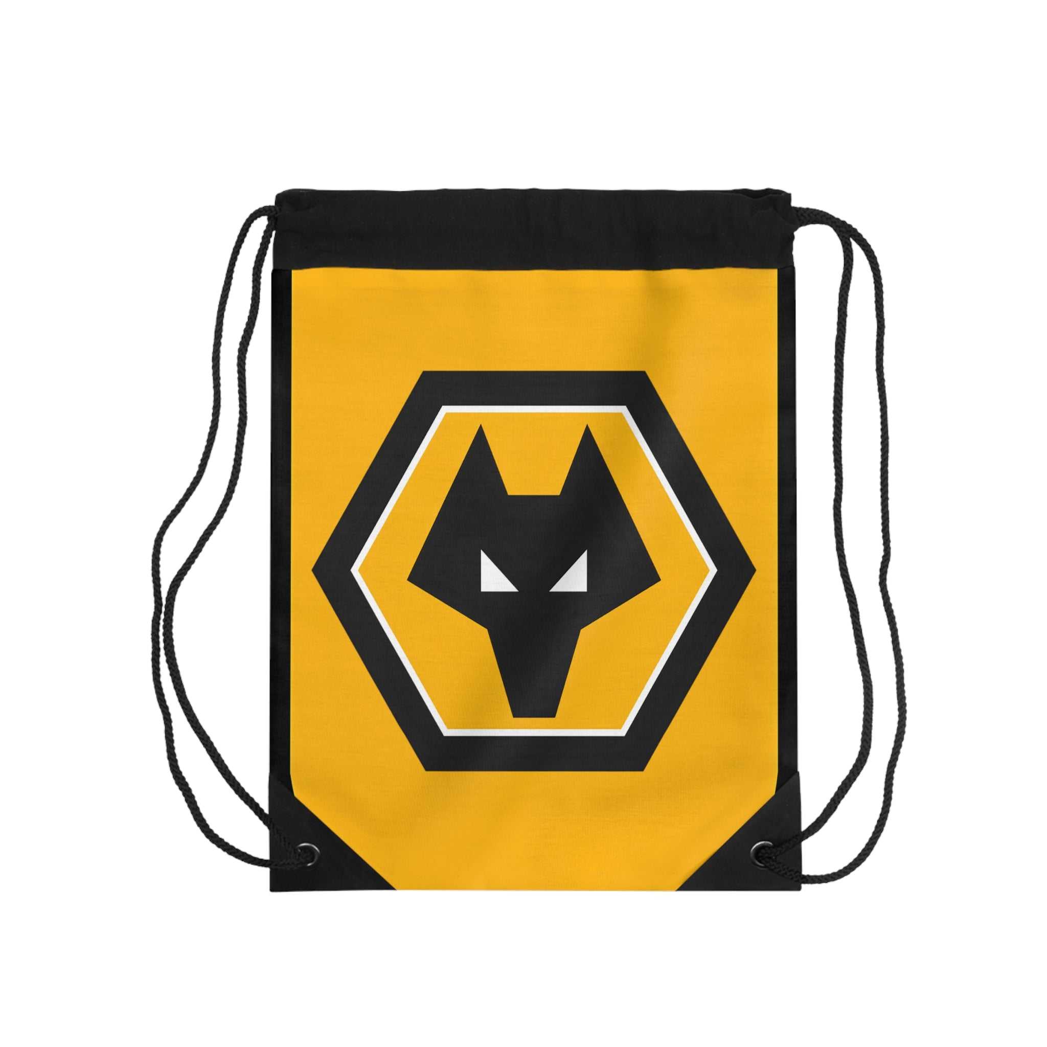 Wolves FC drawstring bag in gold and black with wolf crest, lightweight polyester gym and travel bag