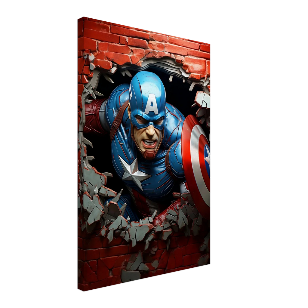 Captain America Wall Canvas with dynamic superhero artwork against a brick background.