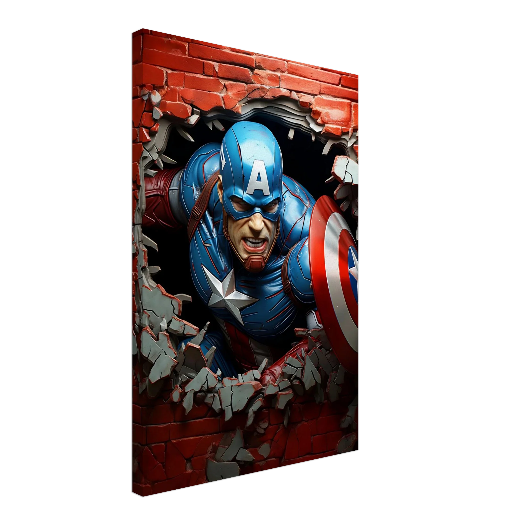 Captain America Wall Canvas with dynamic superhero artwork against a brick background.