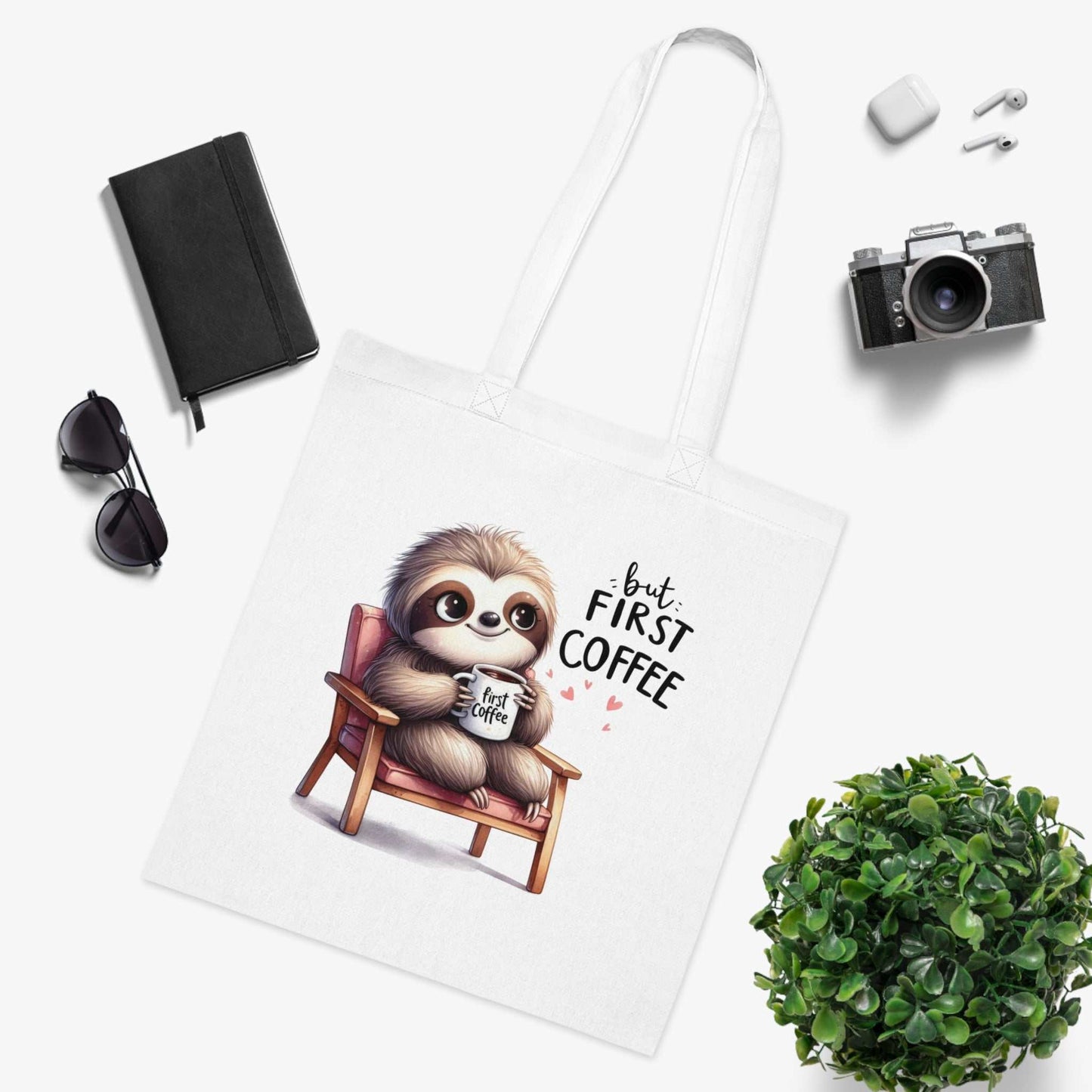 Cute sloth tote bag with colorful design, perfect for errands or gifts; 100% cotton and durable.