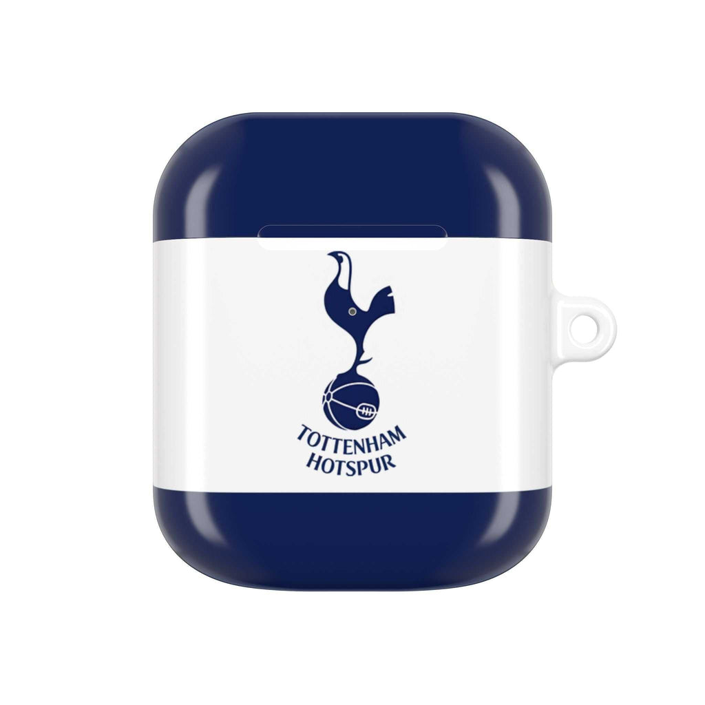 Tottenham FC AirPods protective case in white and navy with cockerel crest, durable and wireless charging compatible.