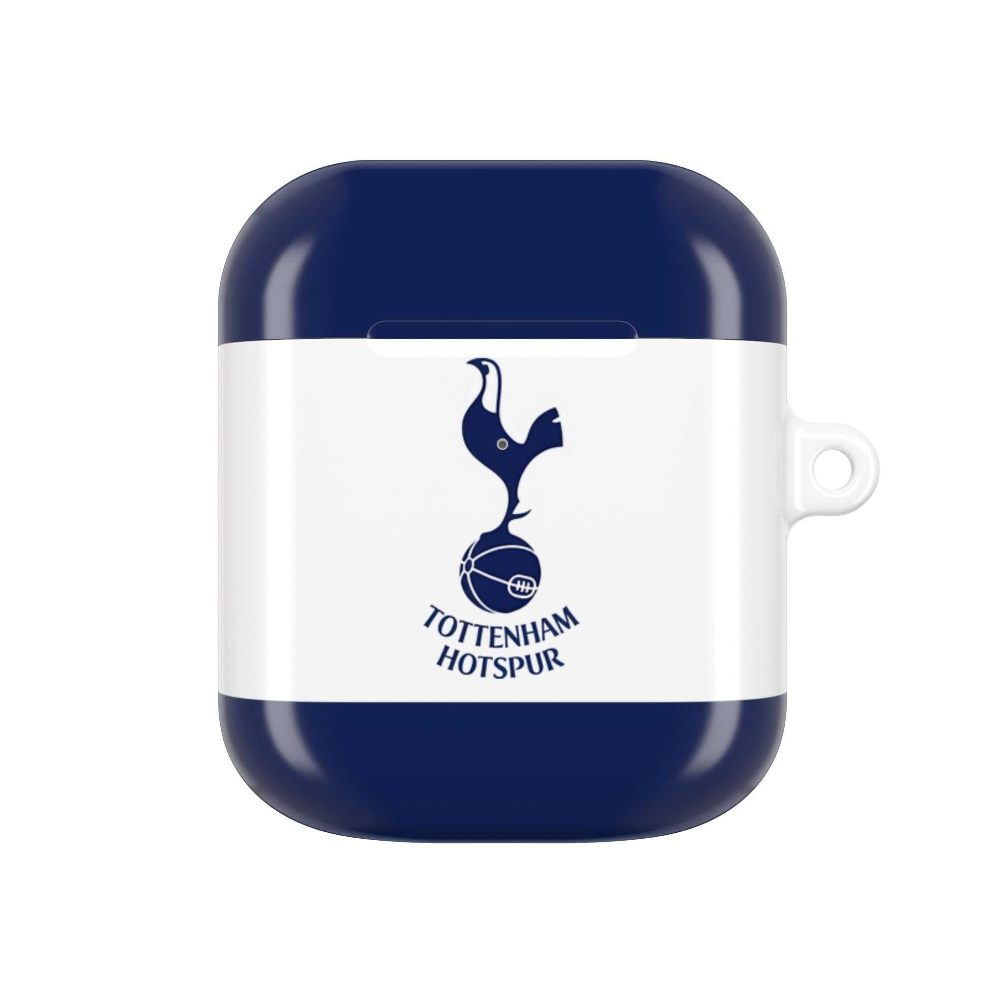 Tottenham FC AirPods protective case in white and navy with cockerel crest, durable and wireless charging compatible.