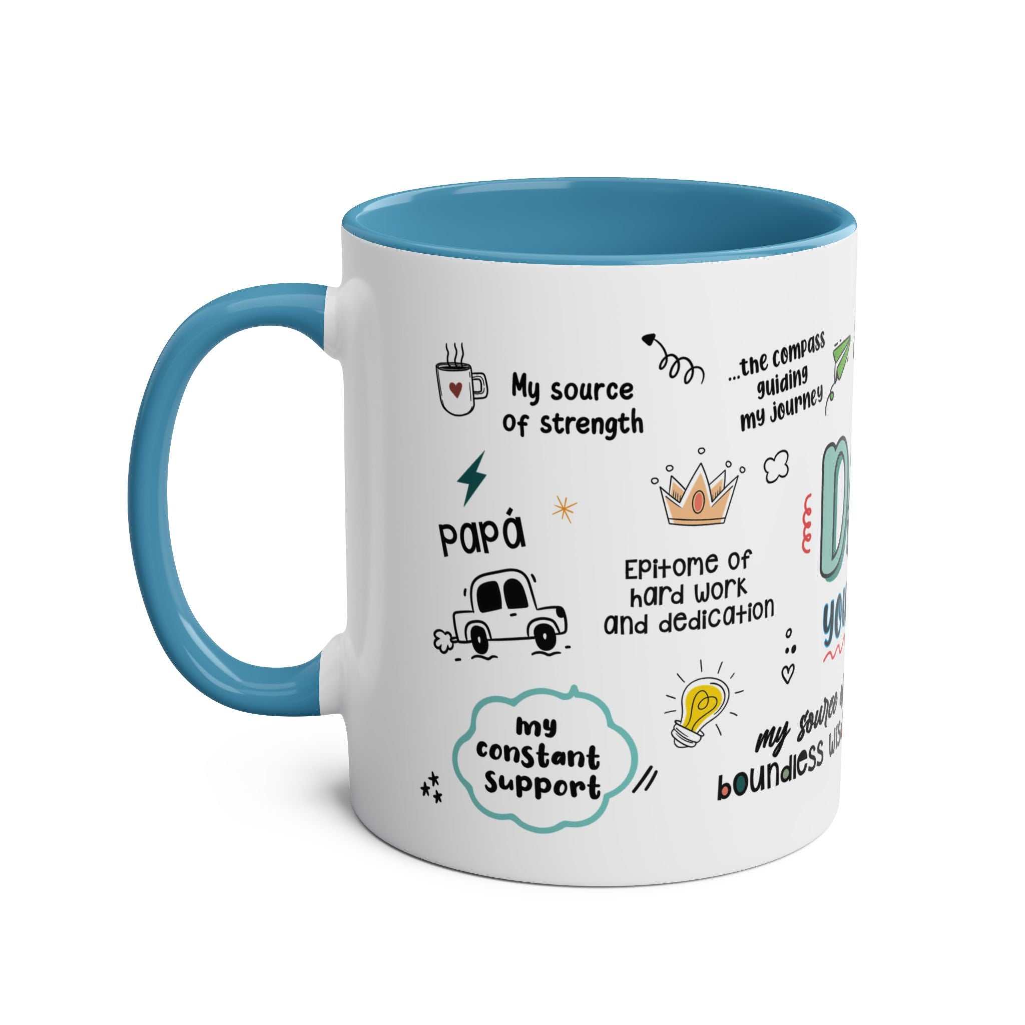Fathers Day Gift Mug with fun design, blue interior, 11oz ceramic, dishwasher safe.