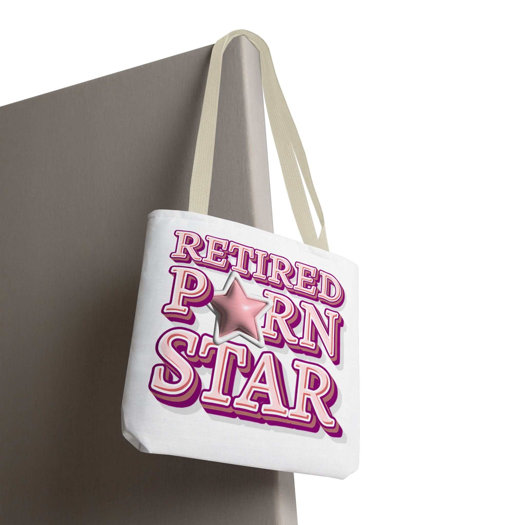 Retired Porn Star Tote Bag with cheeky design, durable spun polyester, multiple sizes and handle colors, perfect for daily use