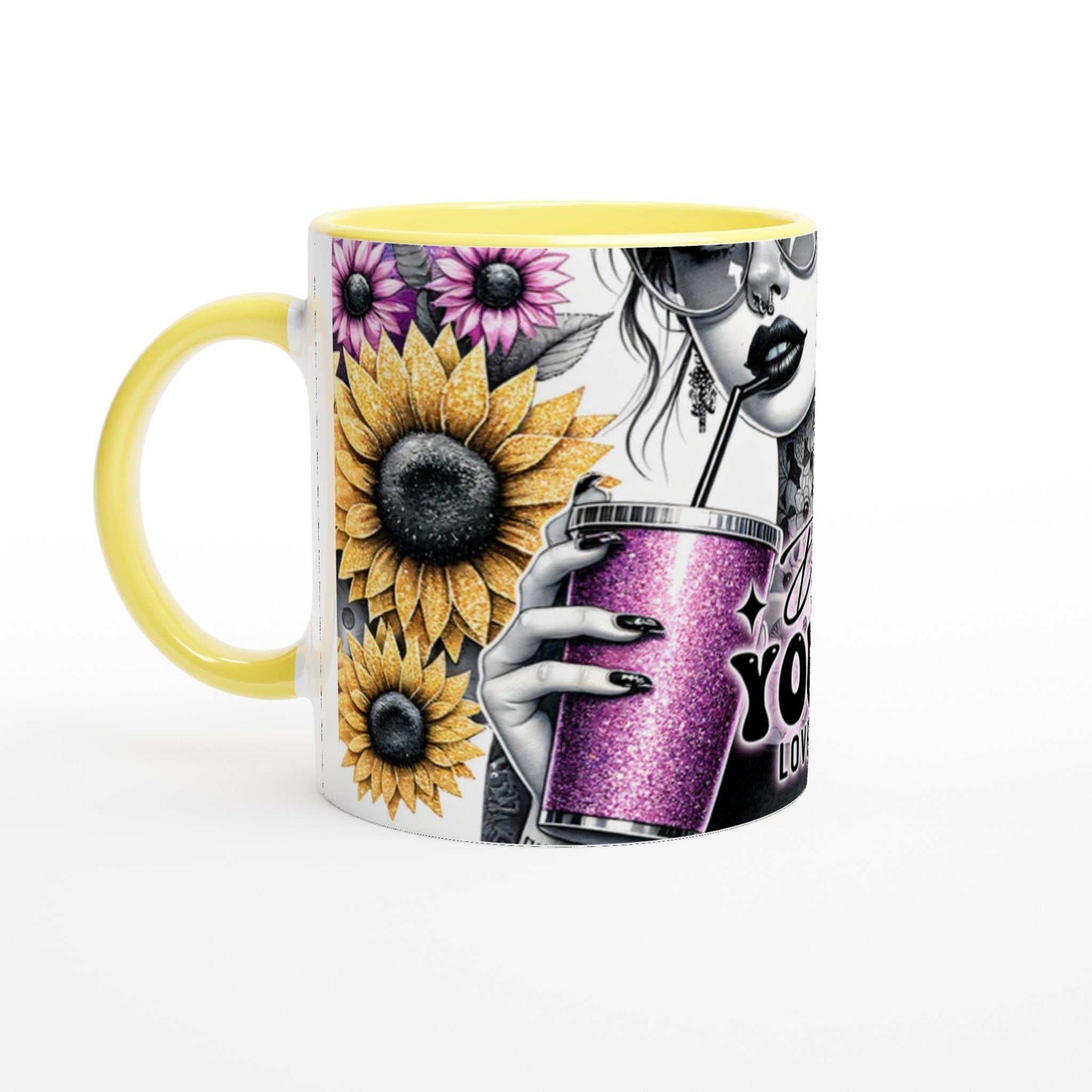 Motivational coffee mug with vibrant sunflower design and inspiring "Do What You Love" quote, yellow handle.