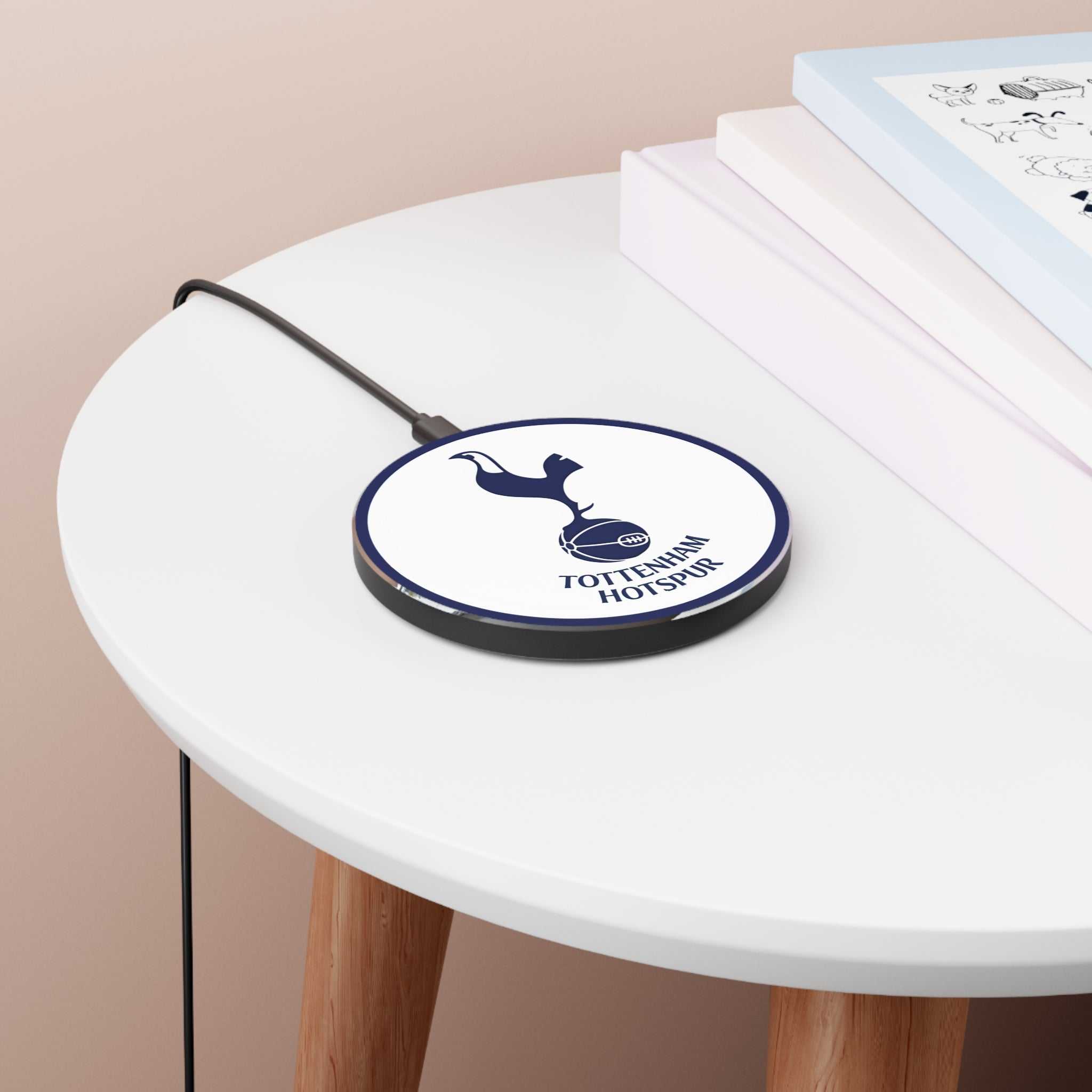 Tottenham Hotspur FC wireless charger with 10W fast charging, aluminium casing, and cockerel crest design