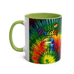 LGBTQ+ Pride mug with vibrant rainbow design, ceramic, glossy finish.