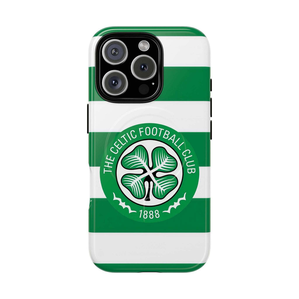 Celtic MagSafe iPhone Case with club colors and crest, dual-layer protection, and wireless charging compatibility