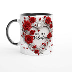Stunning Valentine's Day mug with heart and rose design, glossy finish, black rim and handle.