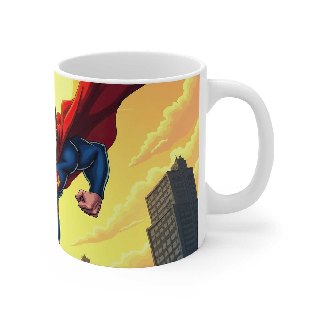 White ceramic mug with a vibrant Superman themed design featuring the superhero flying above city buildings against a yellow sky, glossy finish, 11oz, microwave and dishwasher safe.