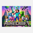 Vibrant Minecraft wall canvas featuring iconic pixelated scenes, perfect for room decoration.