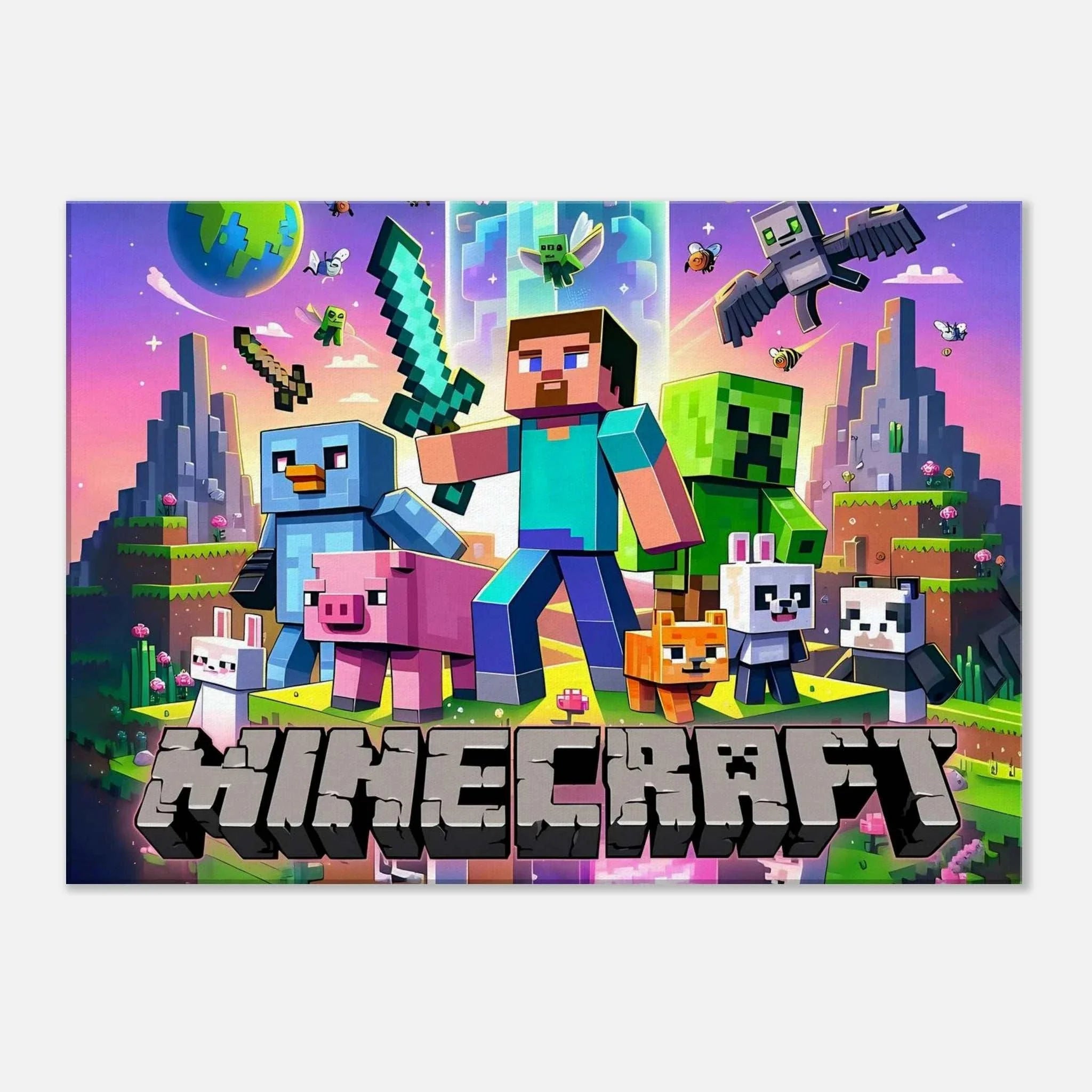 Vibrant Minecraft wall canvas featuring iconic pixelated scenes, perfect for room decoration.