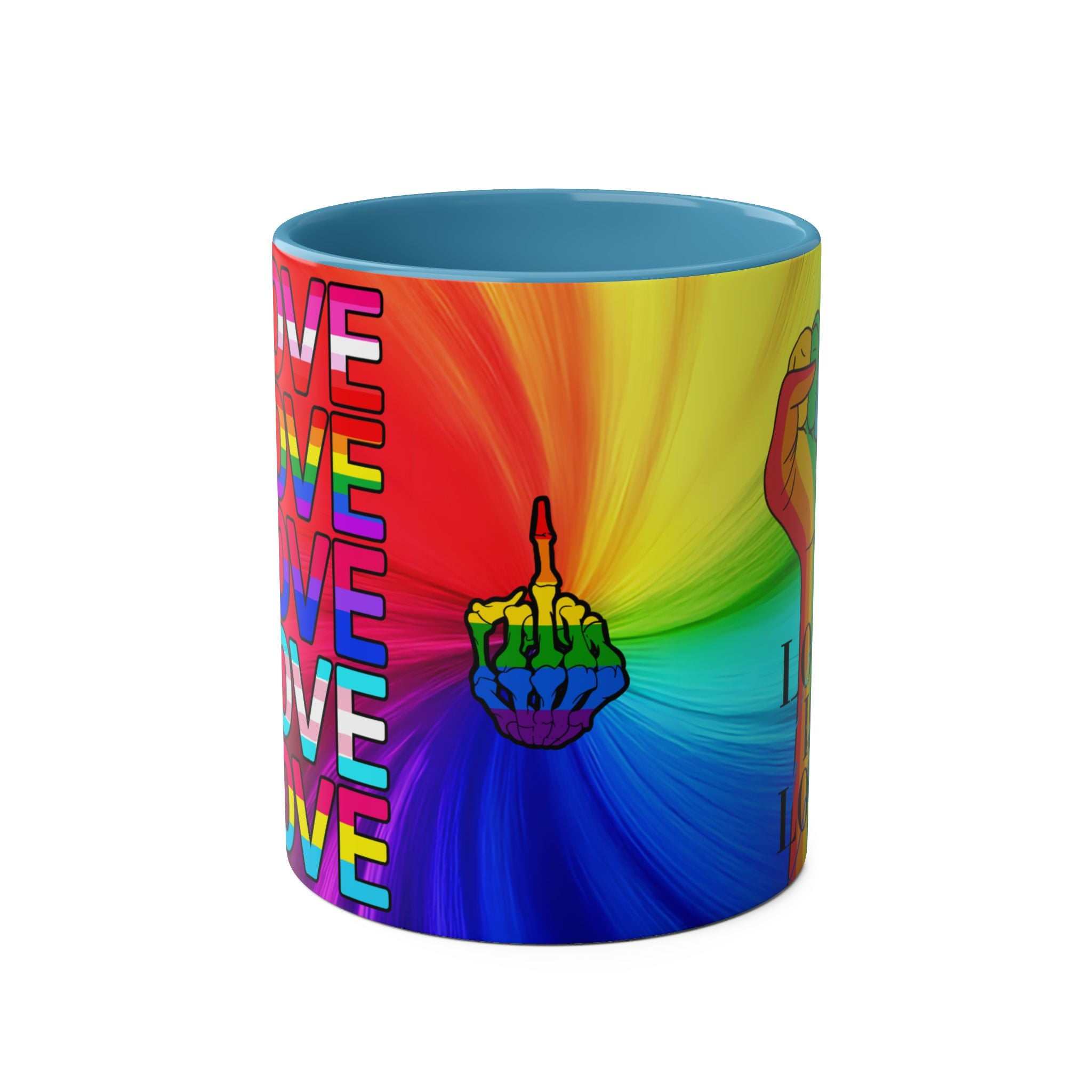LGBTQ+ Pride mug with vibrant rainbow design and love message.
