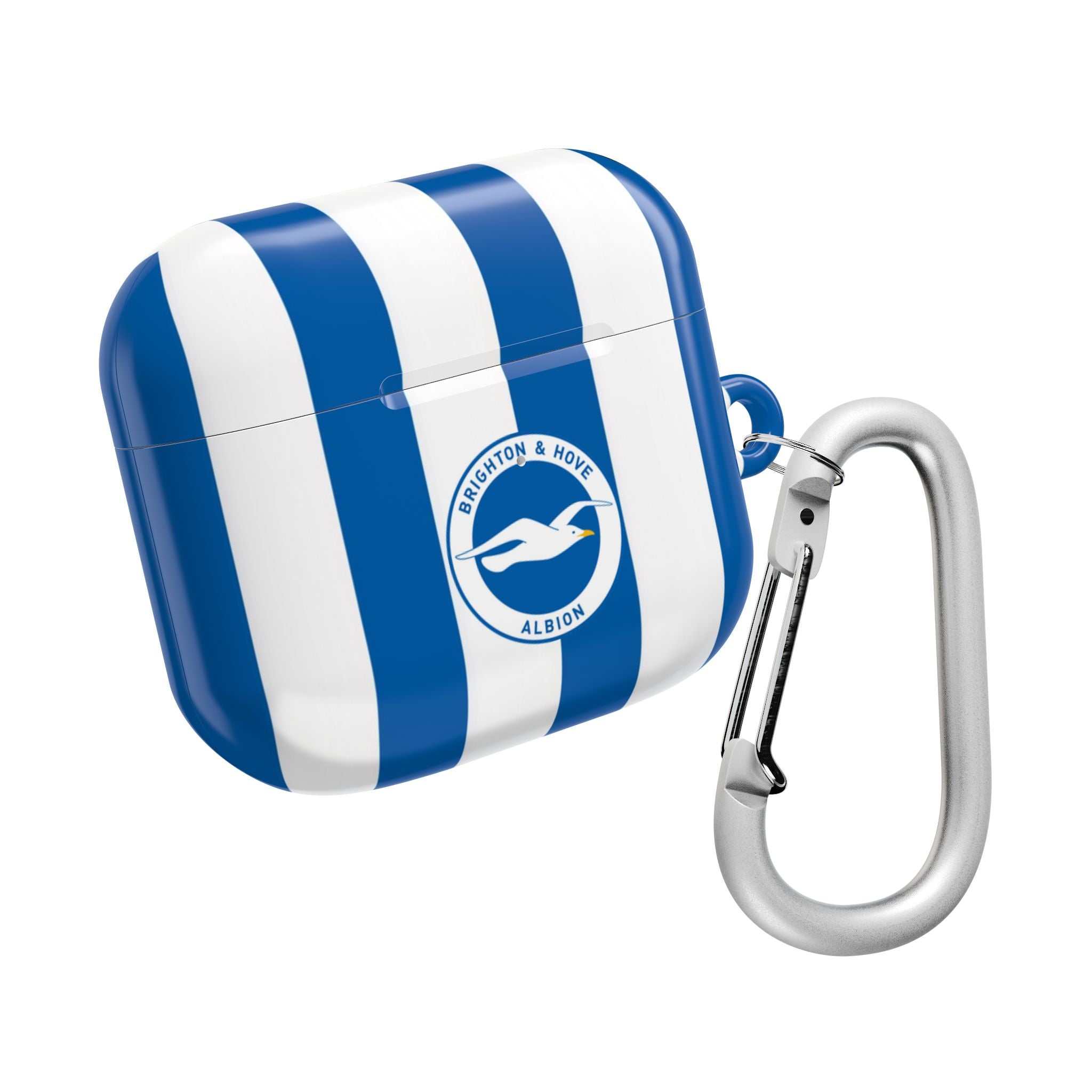 Brighton FC AirPods protective case with blue and white stripes and club crest, shock-resistant and wireless charging compatible