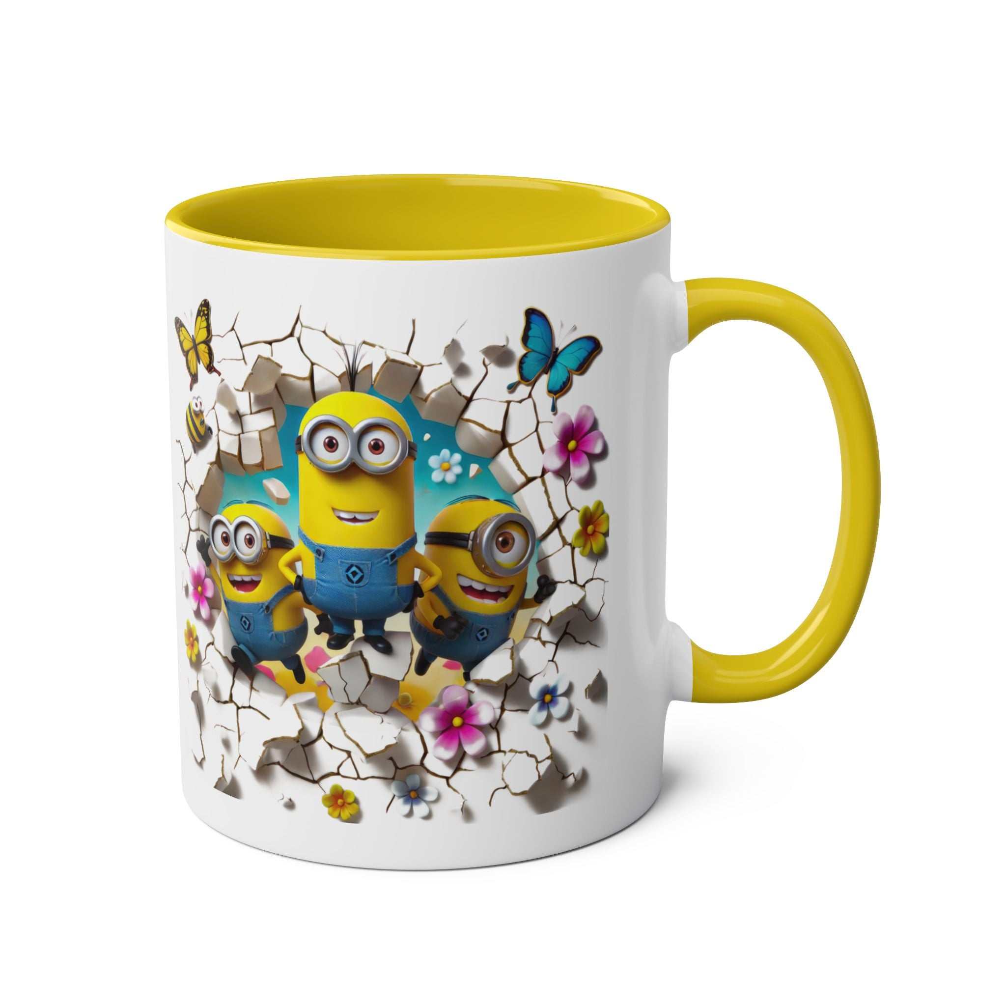 Fun Minion themed coffee mug with colorful design, 11oz ceramic, yellow handle.