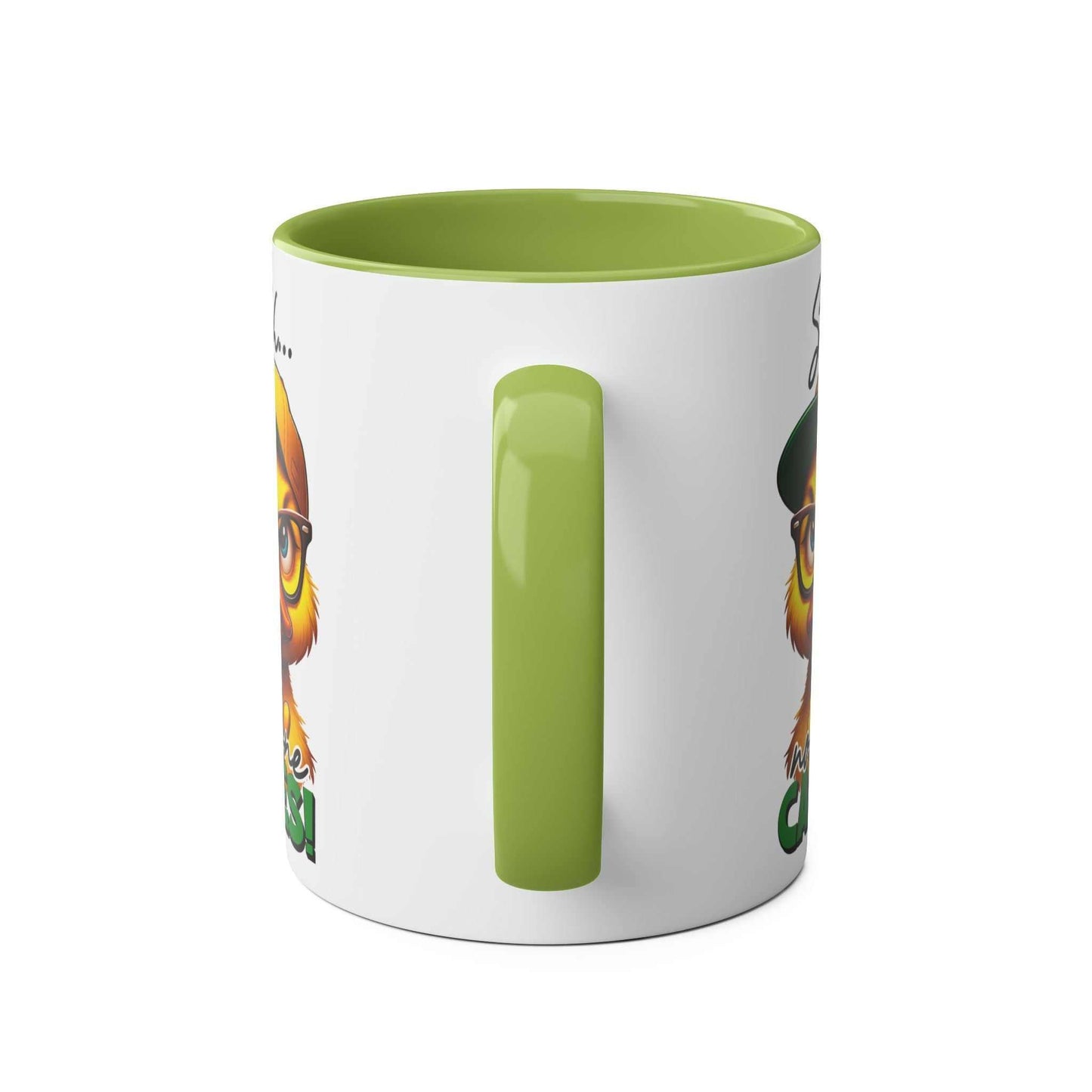 No One Cares Coffee Mug with sarcastic duck design and "shhh" message, green handle, glossy finish.