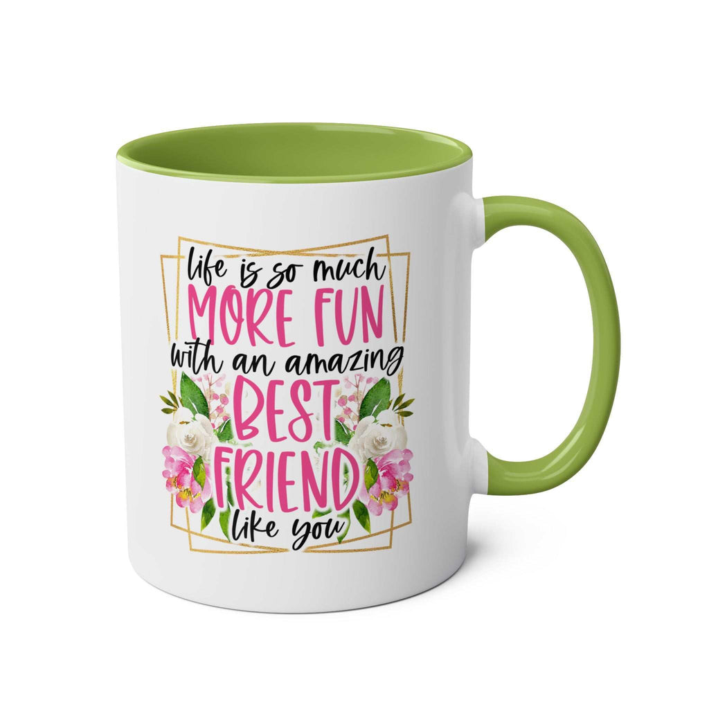 Amazing Friend Coffee Mug with floral design and fun quote, green handle and interior.