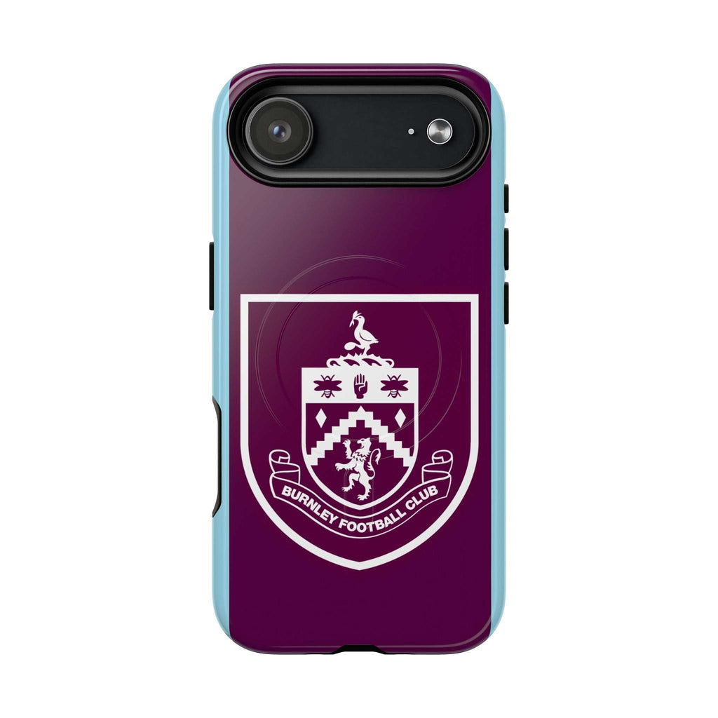 Burnley FC MagSafe iPhone case with claret and blue colors and club crest, dual-layer protection, and MagSafe compatibility