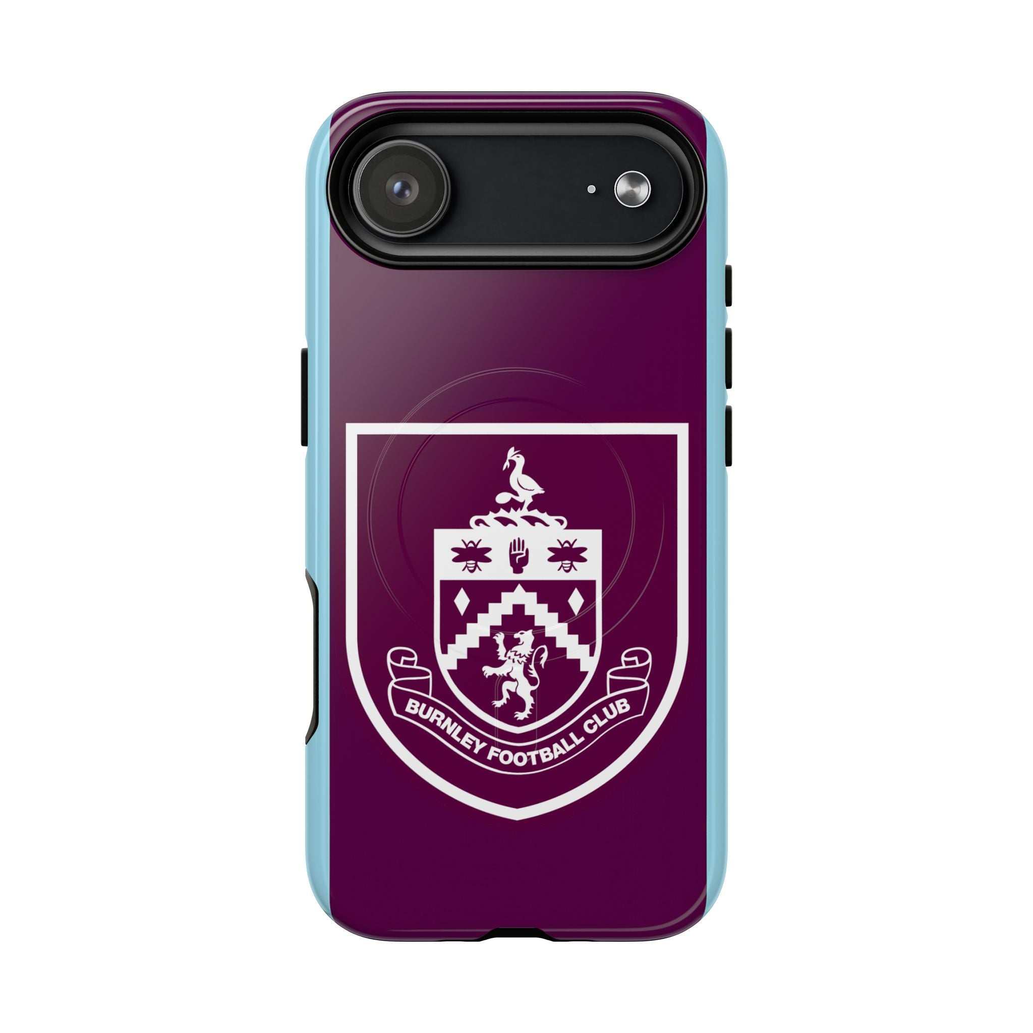 Burnley FC MagSafe iPhone case with claret and blue colors and club crest, dual-layer protection, and MagSafe compatibility