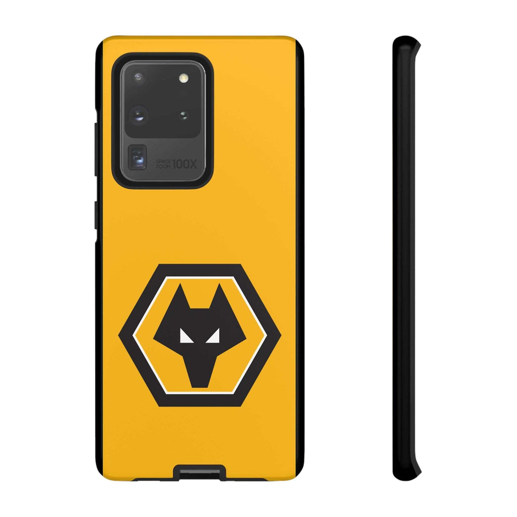 Wolves FC Magnetic Samsung Case in gold and black with official-inspired crest, dual-layer protection and wireless charging compatible