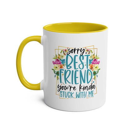 Best Friend Coffee Mug with floral design, 11oz ceramic, yellow handle, microwave and dishwasher safe.