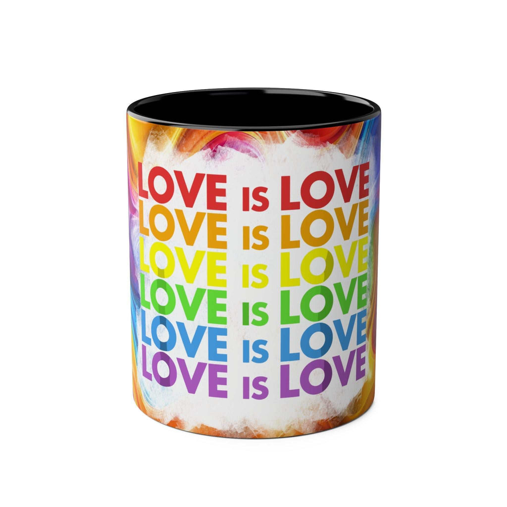 LGBTQ+ Pride mug with vibrant rainbow design and "Love is Love" message.