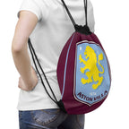 Aston Villa drawstring bag in claret and blue with club crest, lightweight polyester, durable and spacious, perfect for gym, sports, or casual use