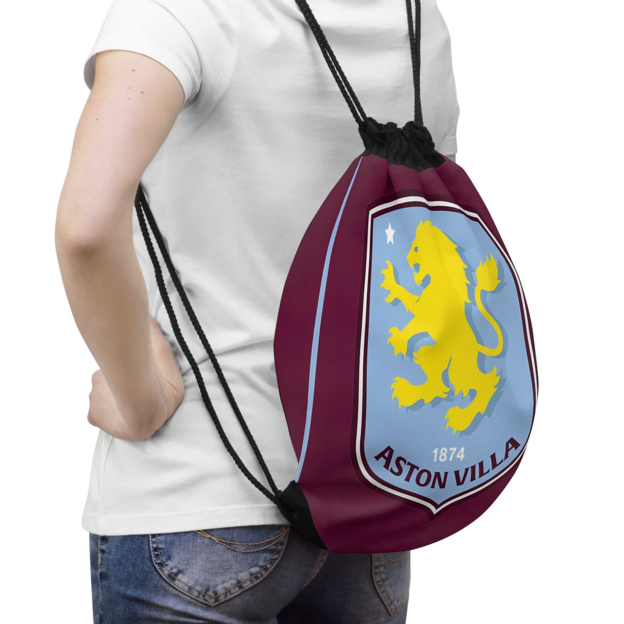 Aston Villa drawstring bag in claret and blue with club crest, lightweight polyester, durable and spacious, perfect for gym, sports, or casual use