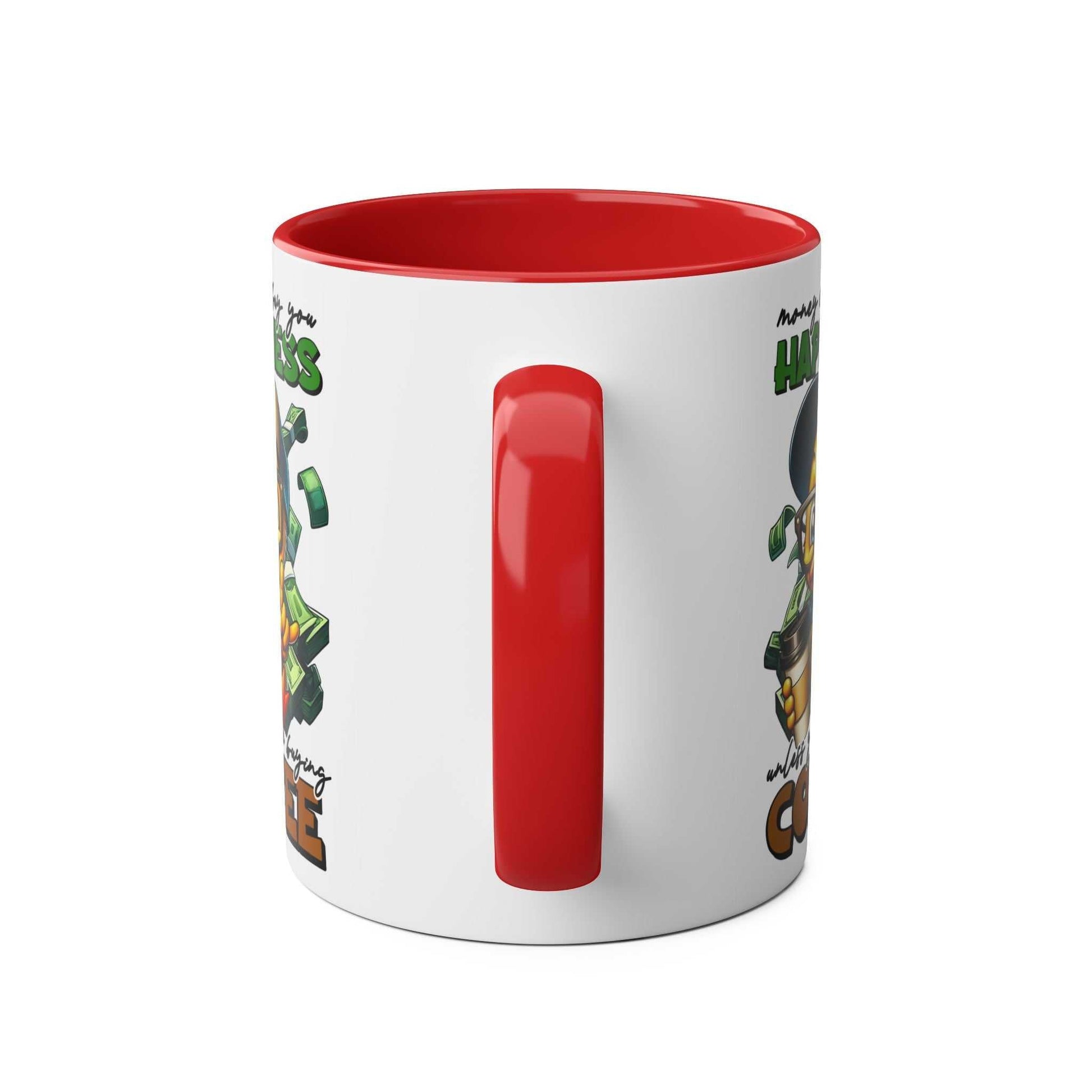 Happiness Coffee Mug with cheerful duck illustration and red interior.